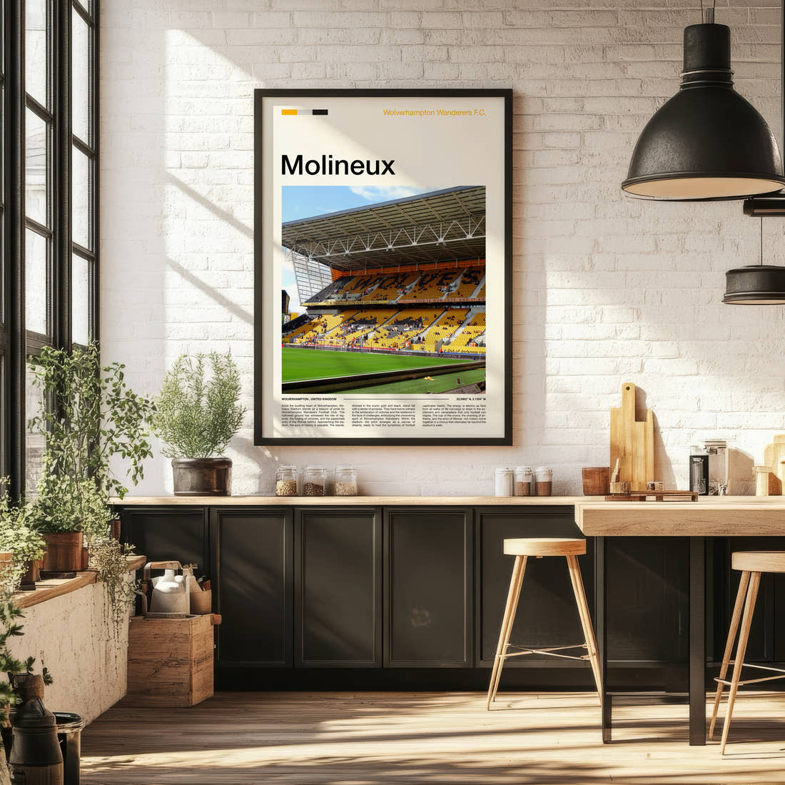 Molineux Stadium Print framed on the wall of a bright kitchen and dining space