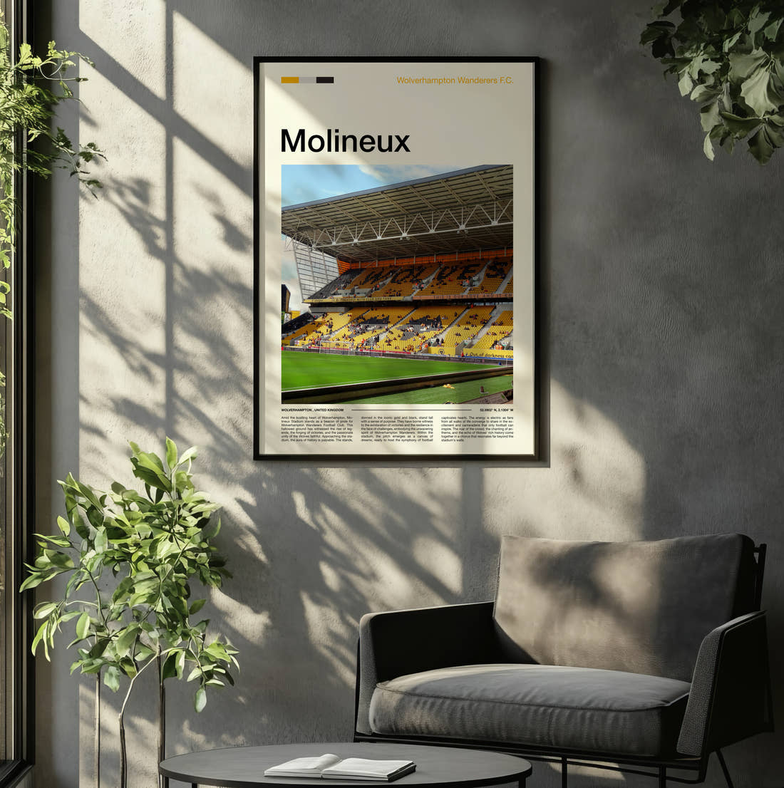 Molineux Stadium Print framed on the wall of a relaxed living room