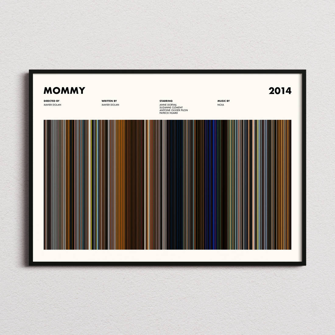 Mommy Movie Barcode Poster framed and photographed straight on