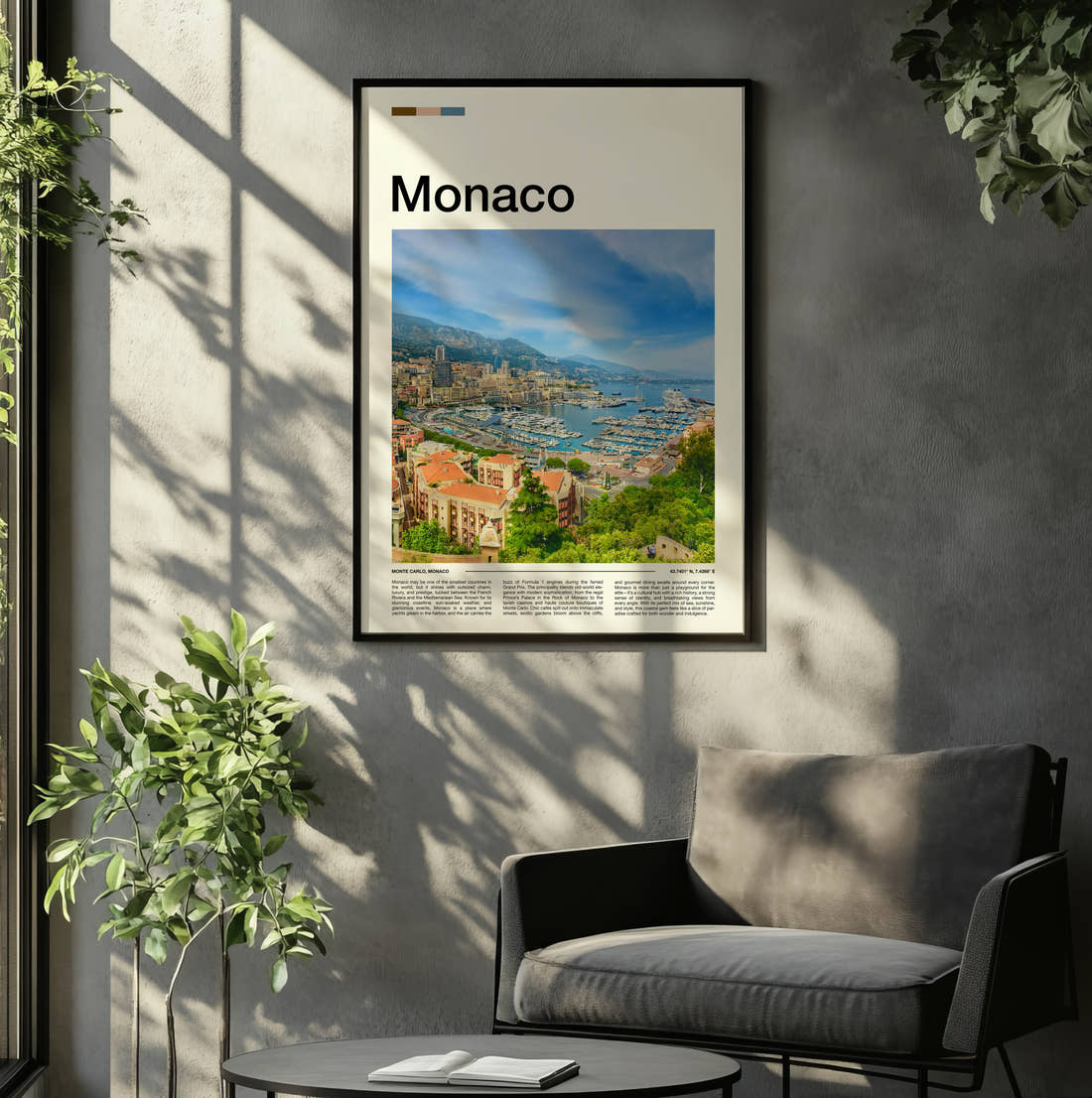 Monaco Marina And Yachts Travel Print framed on the wall of a relaxed living room