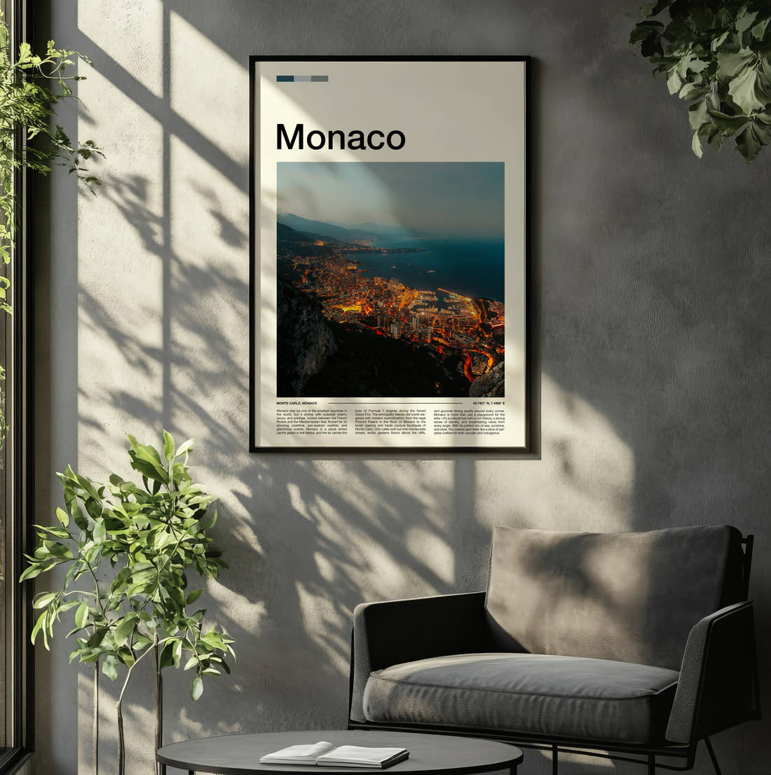 Monaco Coastline At Night Travel Print framed on the wall of a relaxed living room