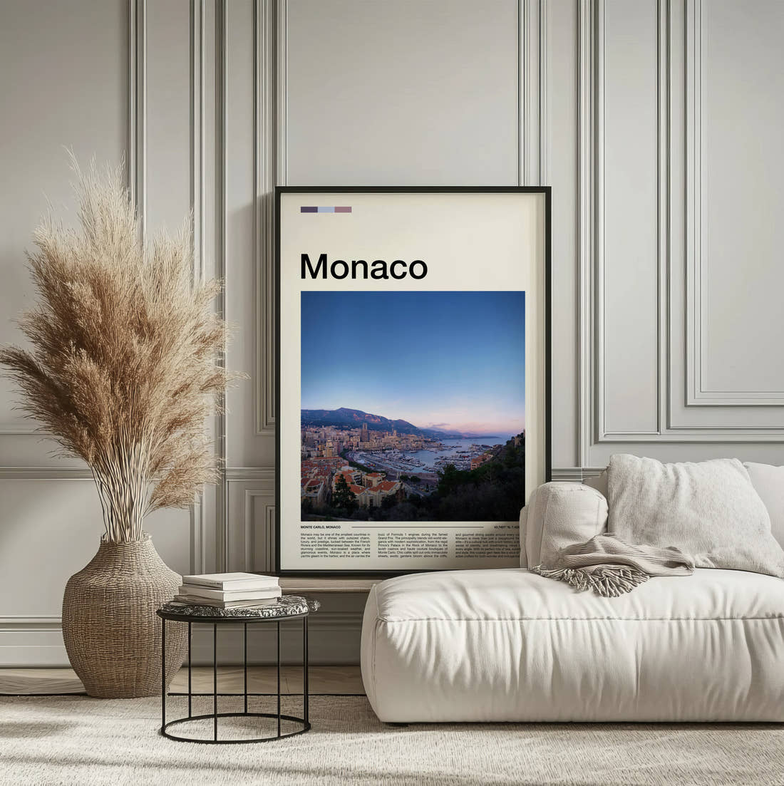 Monaco Harbour And Coastline Travel Print framed on the wall of a calm, neutral bedroom