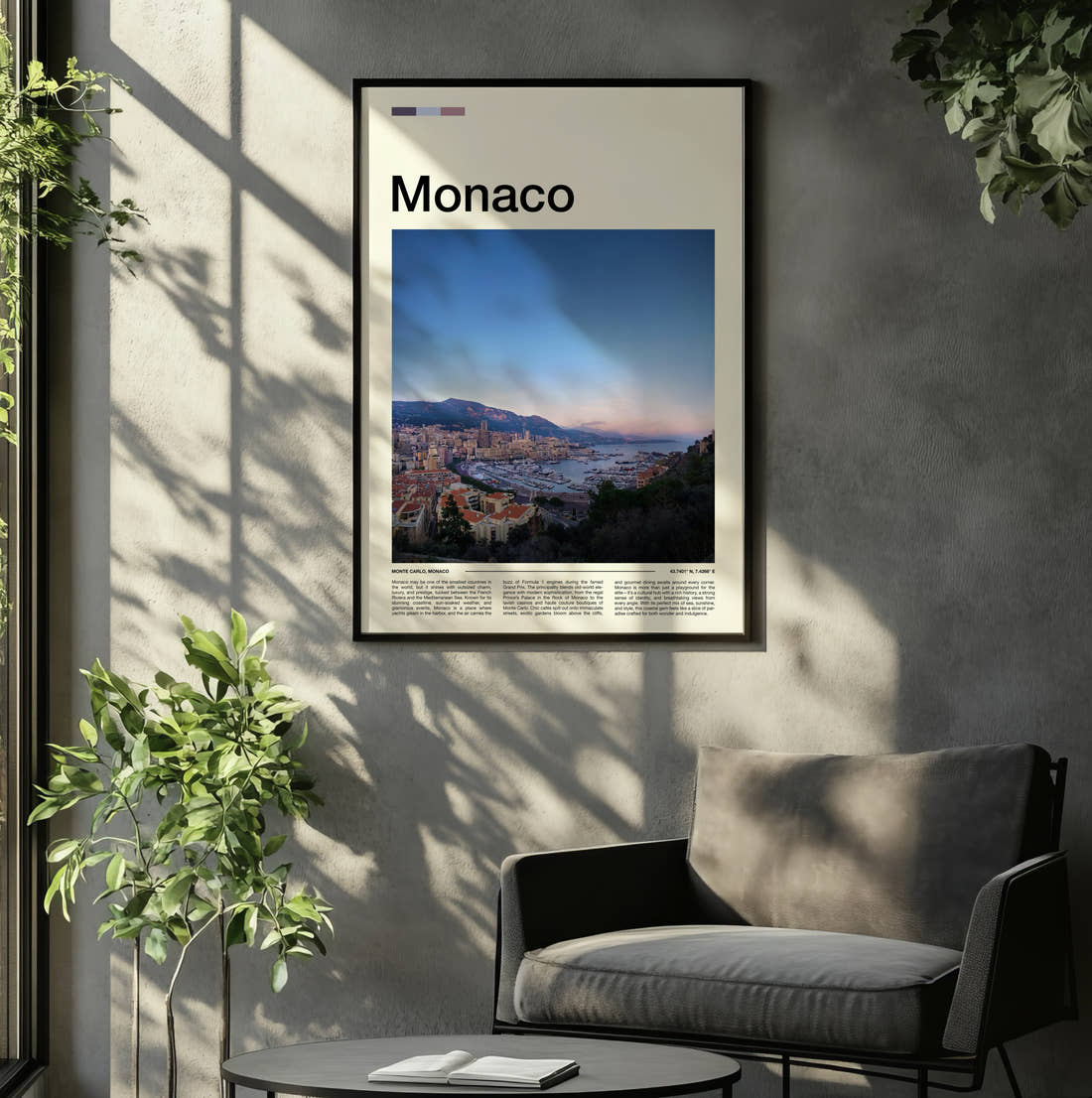 Monaco Harbour And Coastline Travel Print framed on the wall of a relaxed living room