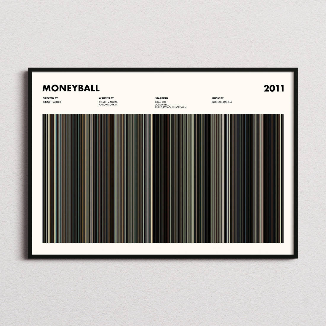 Moneyball Movie Barcode Poster framed and photographed straight on
