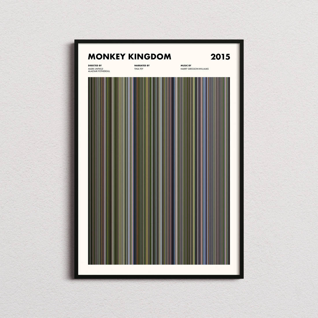 Monkey Kingdom Movie Barcode Poster framed on a plain studio wall