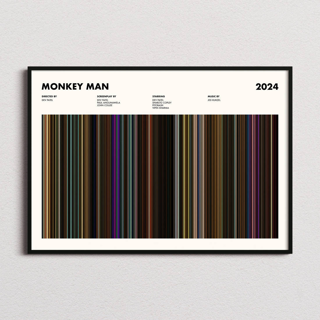 Monkey Man Movie Barcode Poster framed and photographed straight on