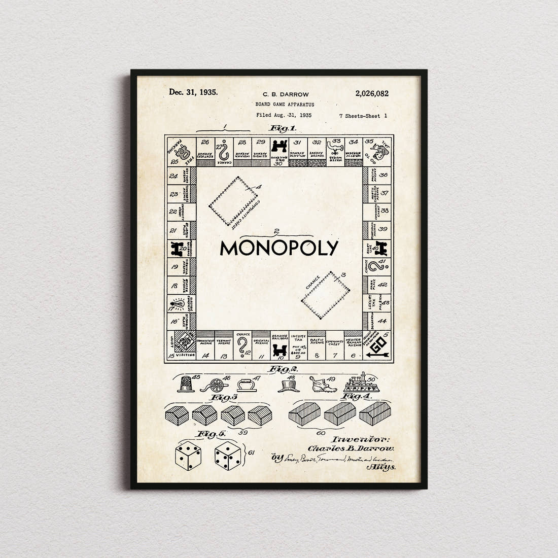 Monopoly Patent Print in the aged paper colourway, framed