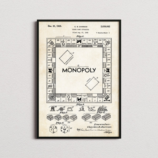 Monopoly Patent Print in the aged paper colourway, framed