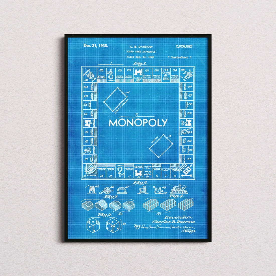Monopoly Patent Print in the blueprint colourway, framed