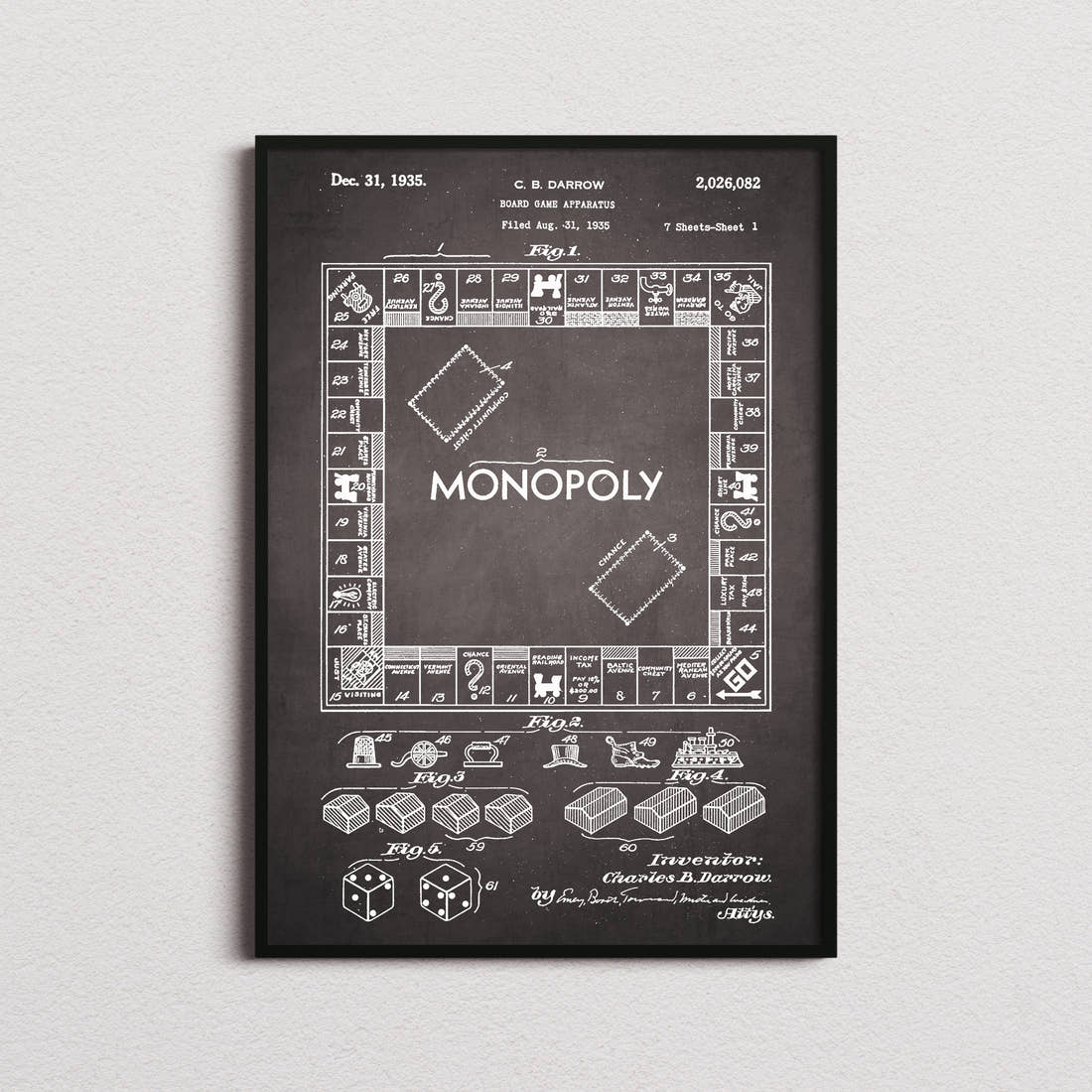 Monopoly Patent Print in the blackboard colourway, framed