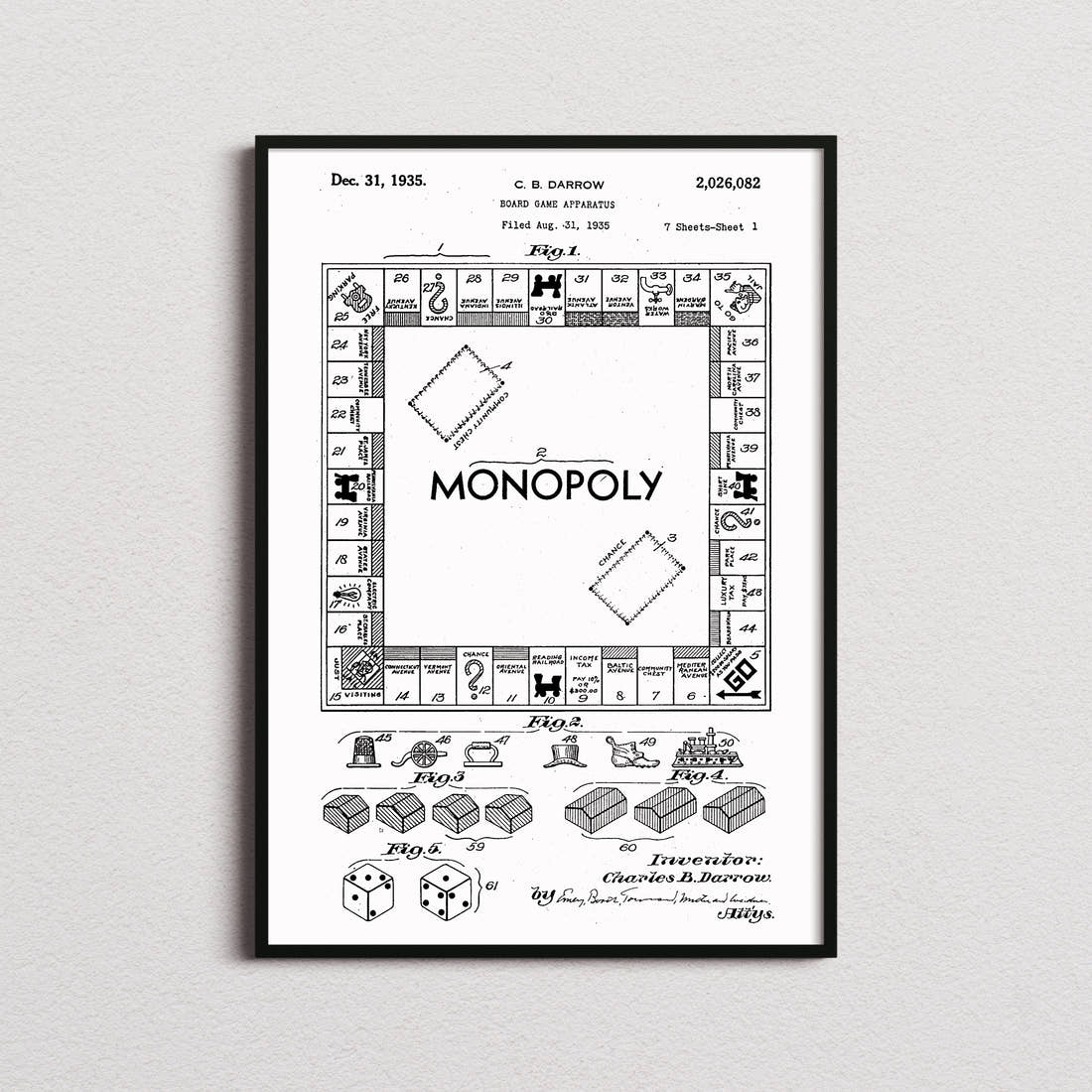 Monopoly Patent Print in the white colourway, framed