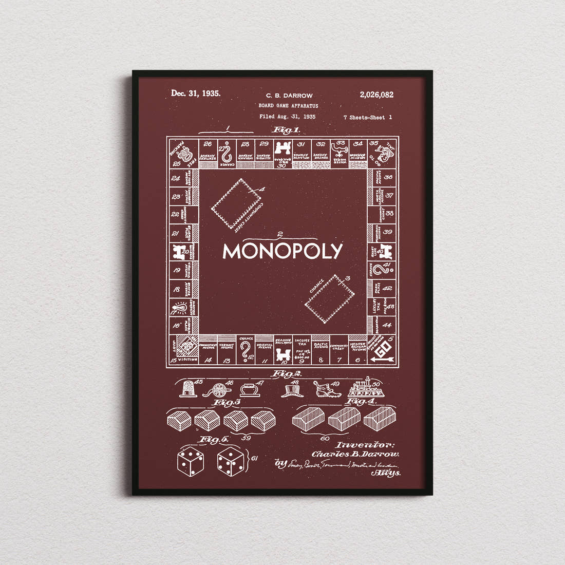Monopoly Patent Print in the burgundy colourway, framed