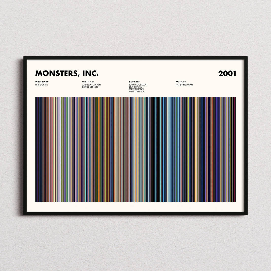 Monsters, Inc. Movie Barcode Poster framed and photographed straight on