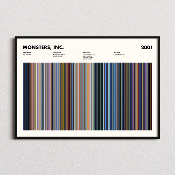 Monsters, Inc. Movie Barcode Poster framed and photographed straight on