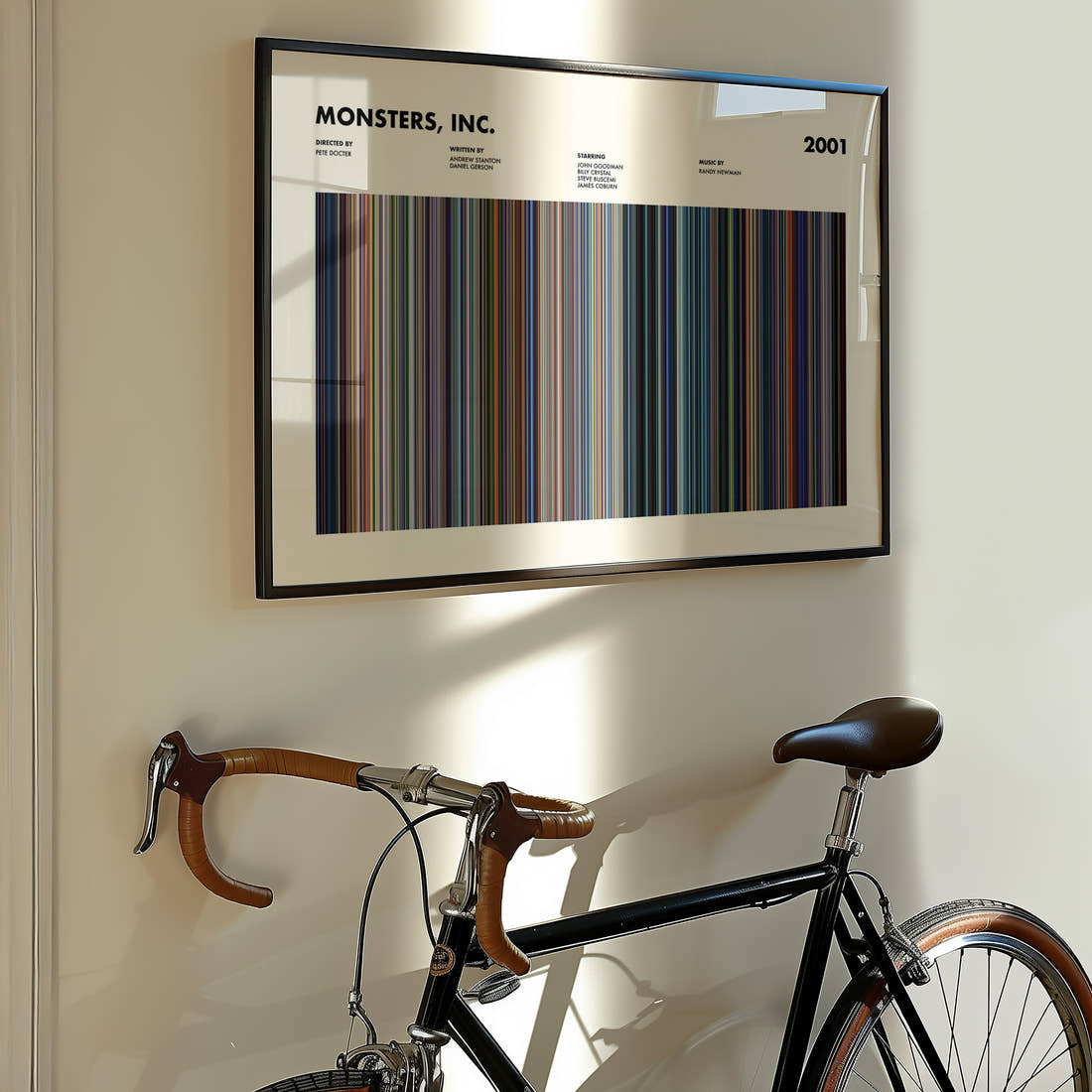 Monsters, Inc. Movie Barcode Poster framed on the wall of a styled room setting