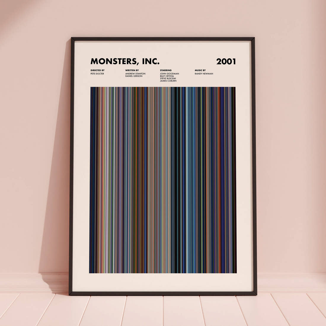 Monsters, Inc. Movie Barcode Poster framed and leaning against a coloured wall