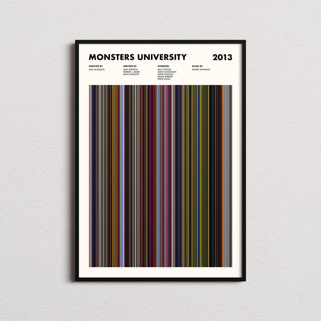 Monsters University Movie Barcode Poster framed on a plain studio wall