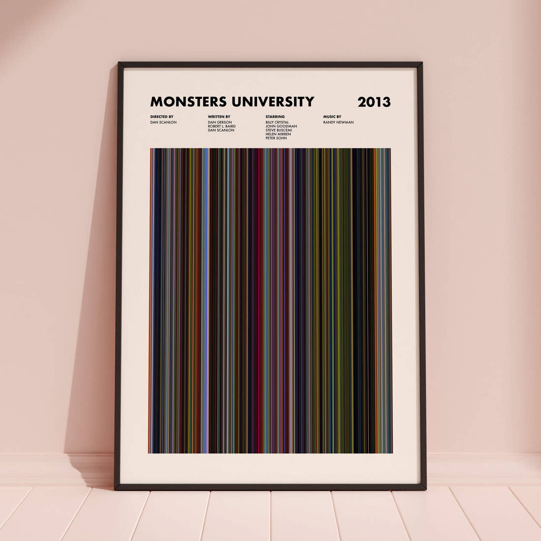 Monsters University Movie Barcode Poster framed and leaning against a coloured wall