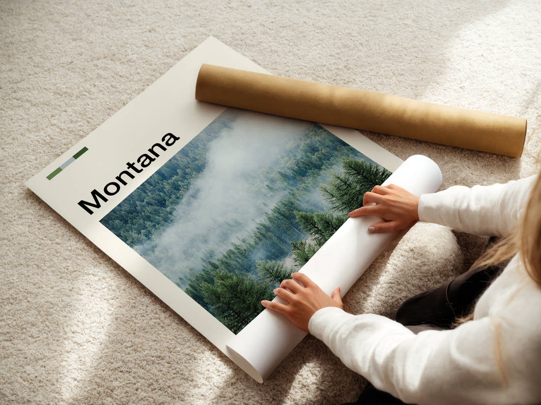 Montana Misty Forest Travel Print being unrolled from its postal tube
