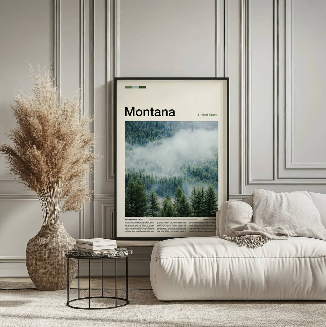 Montana Misty Forest Travel Print framed on the wall of a calm, neutral bedroom