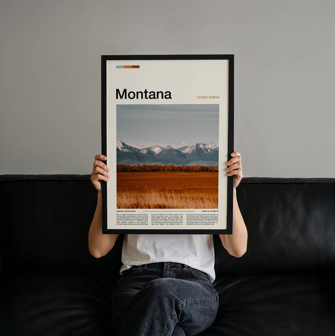 Montana Golden Field And Mountains Travel Print held up by hand to show the size of the print