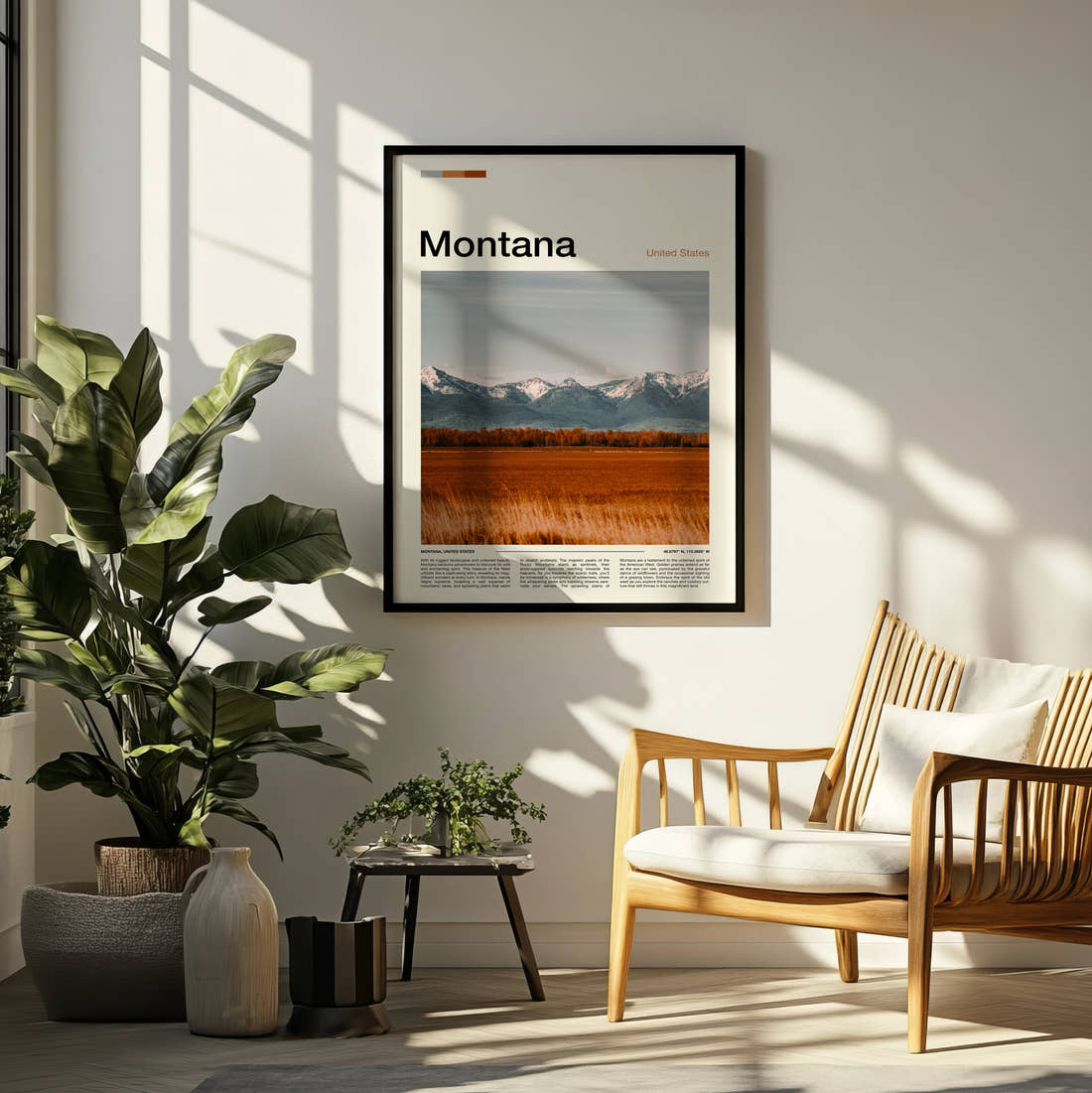 Montana Golden Field And Mountains Travel Print framed on a pale wall beside houseplants