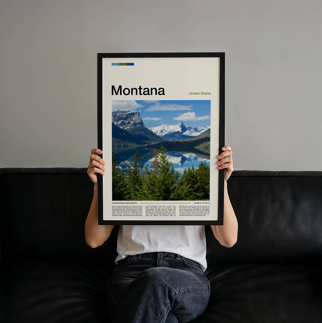 Montana Mountain Lake Reflection Travel Print held up by hand to show the size of the print