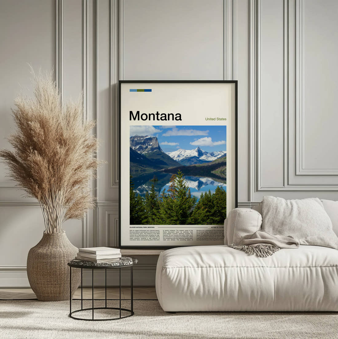 Montana Mountain Lake Reflection Travel Print framed on the wall of a calm, neutral bedroom