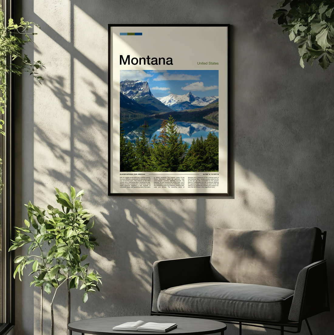 Montana Mountain Lake Reflection Travel Print framed on the wall of a relaxed living room