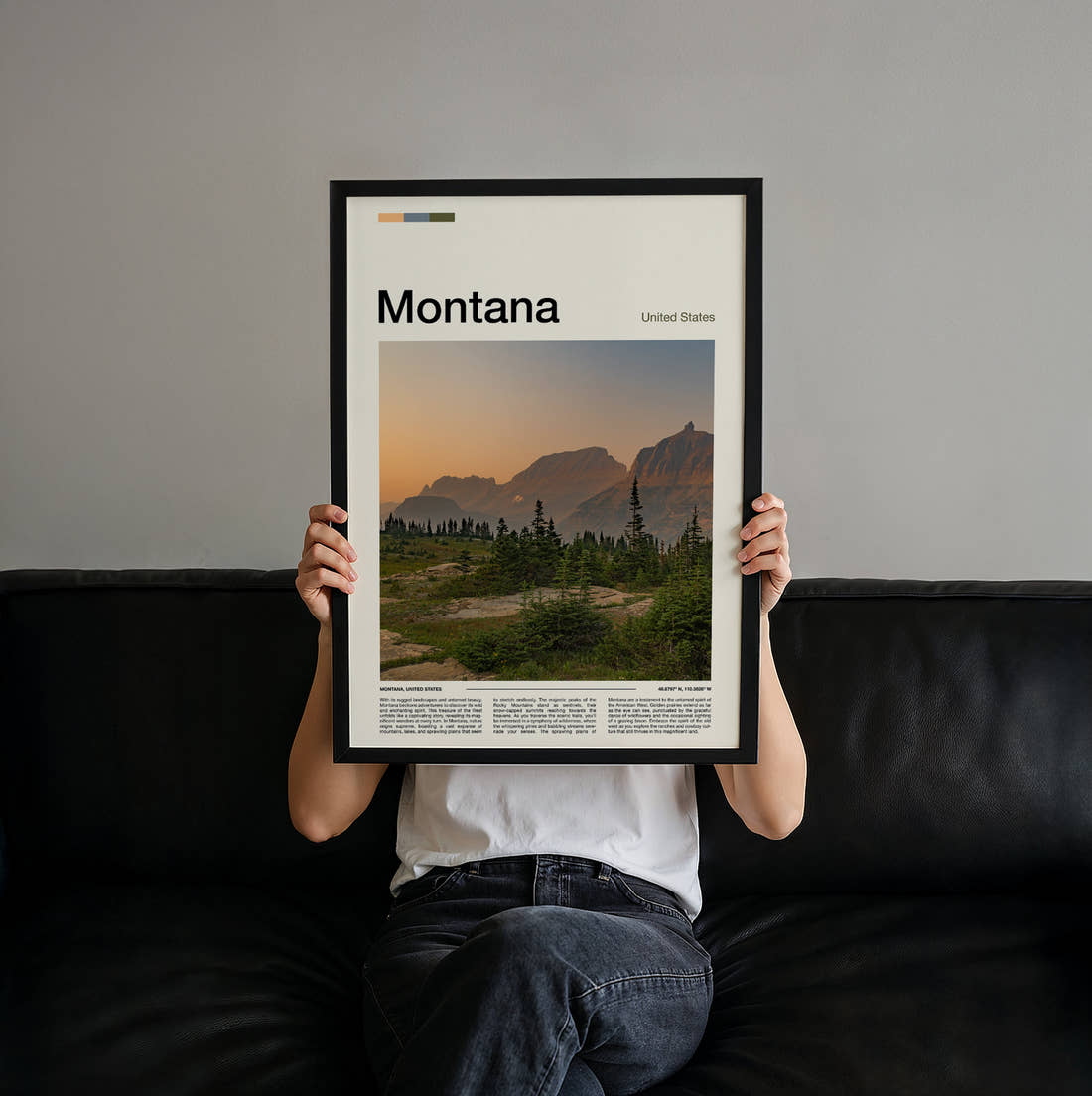 Montana Mountains At Sunset Travel Print held up by hand to show the size of the print