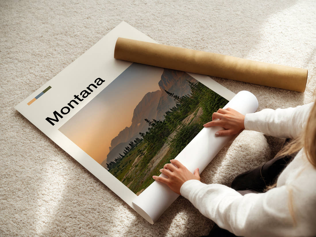 Montana Mountains At Sunset Travel Print being unrolled from its postal tube