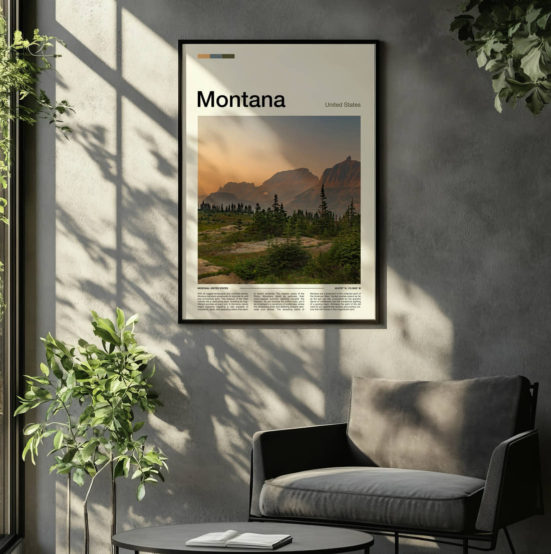 Montana Mountains At Sunset Travel Print framed on the wall of a relaxed living room