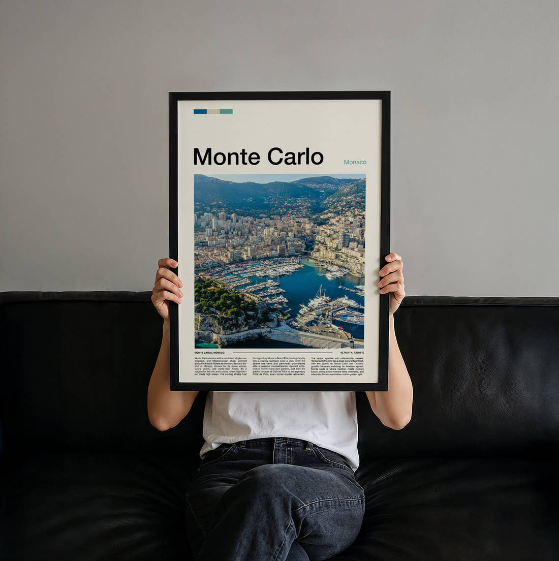Monte Carlo Harbour From Above Travel Print held up by hand to show the size of the print