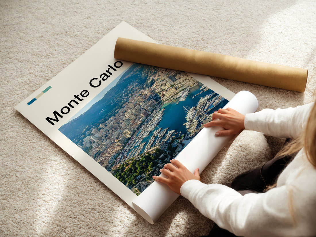 Monte Carlo Harbour From Above Travel Print being unrolled from its postal tube