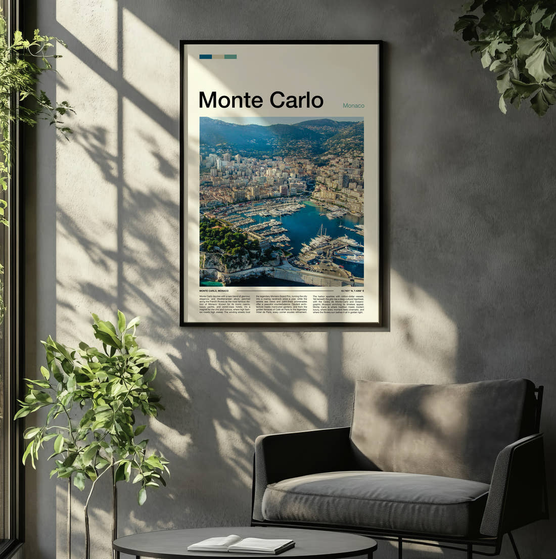 Monte Carlo Harbour From Above Travel Print framed on the wall of a relaxed living room