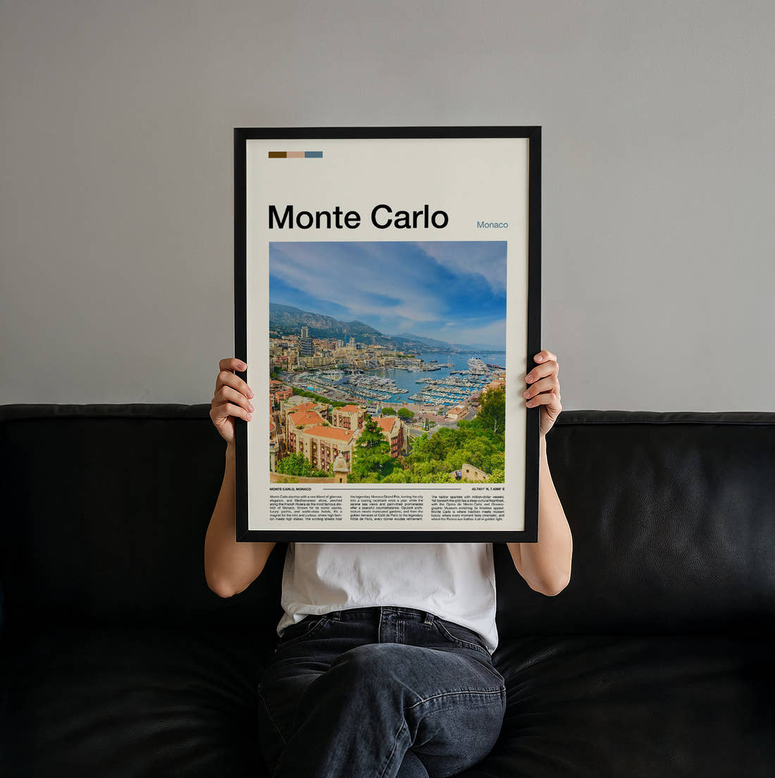 Monte Carlo Marina And Bay Travel Print held up by hand to show the size of the print