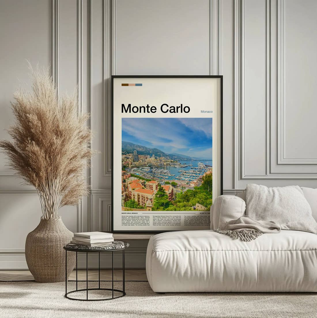 Monte Carlo Marina And Bay Travel Print framed on the wall of a calm, neutral bedroom