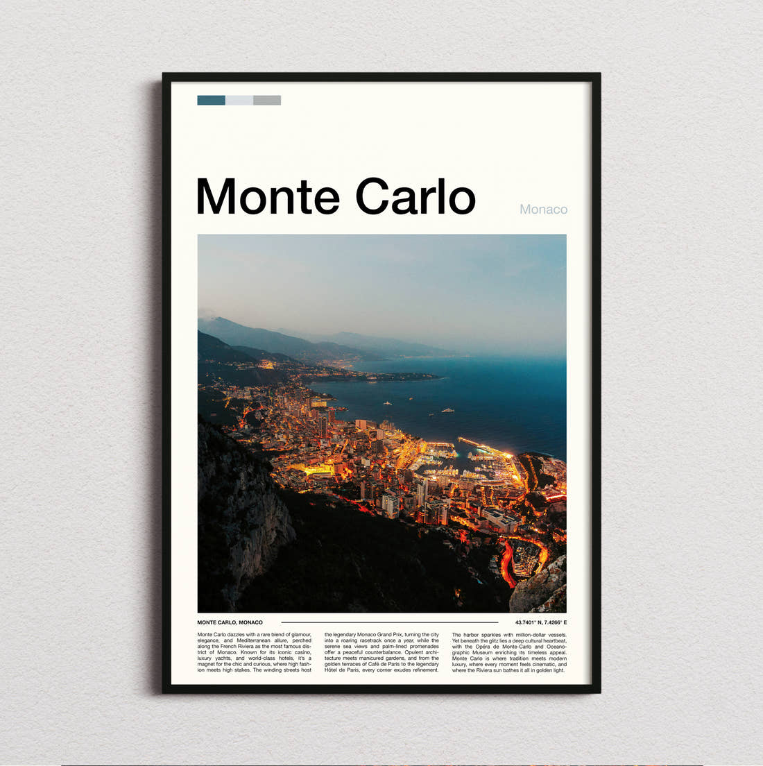 Monte Carlo Coastline At Night Travel Print framed and photographed straight on