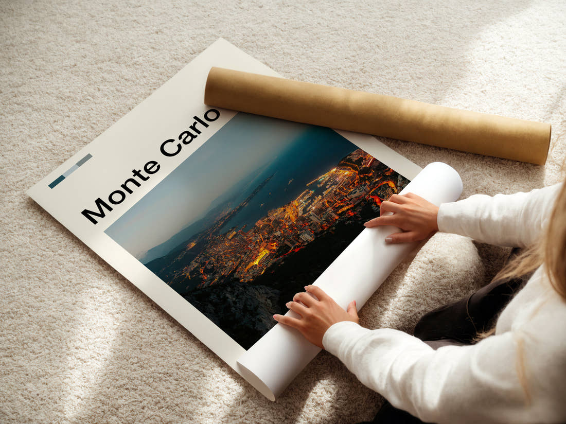 Monte Carlo Coastline At Night Travel Print being unrolled from its postal tube