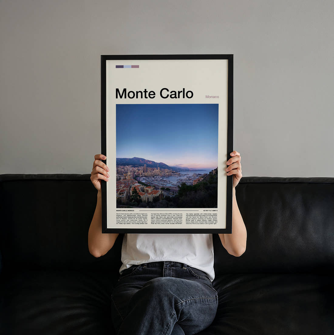 Monte Carlo Bay At Dusk Travel Print held up by hand to show the size of the print