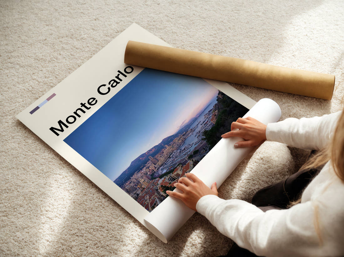 Monte Carlo Bay At Dusk Travel Print being unrolled from its postal tube