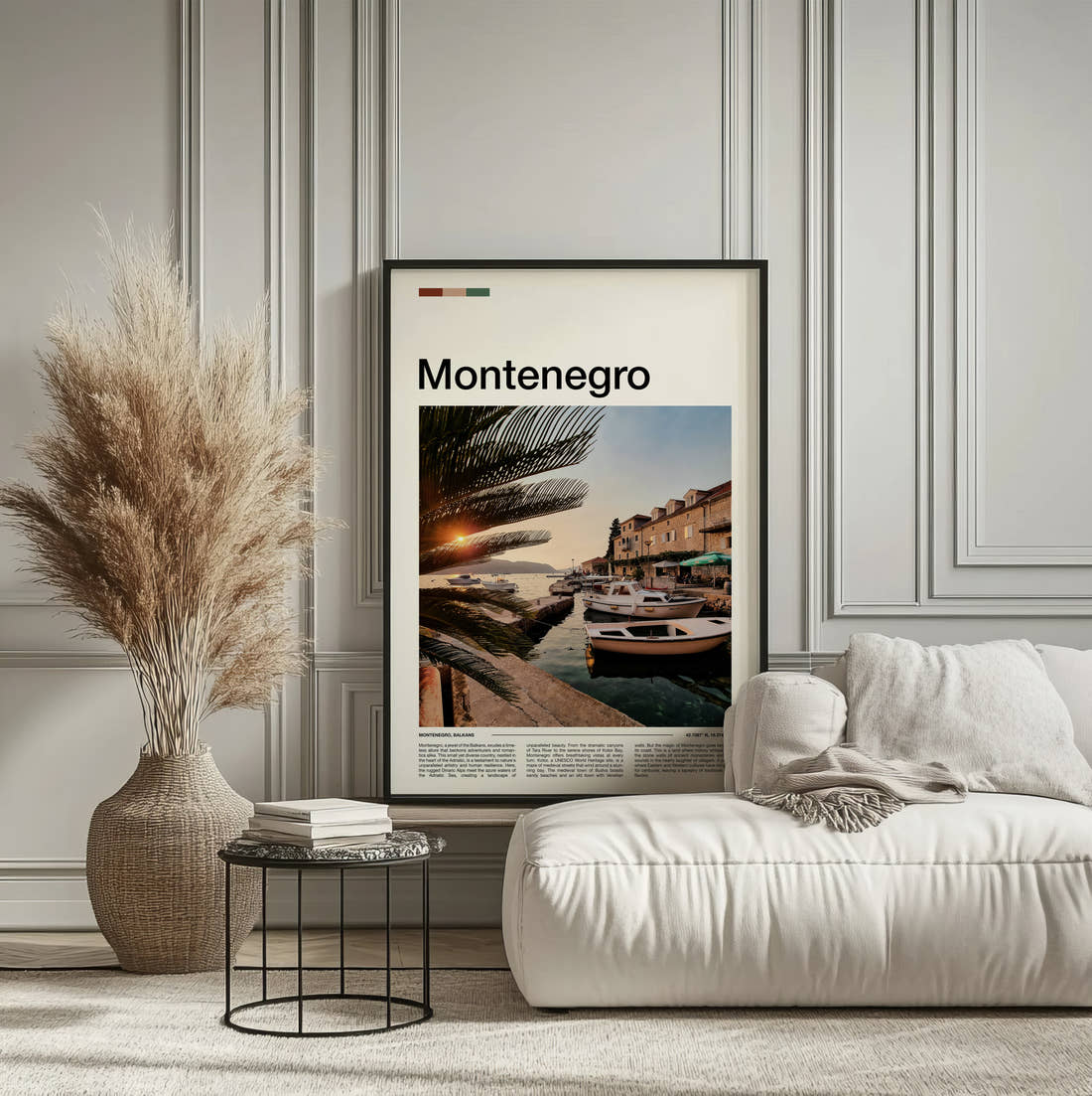 Montenegro Moored Boats At Sunset Travel Print framed on the wall of a calm, neutral bedroom