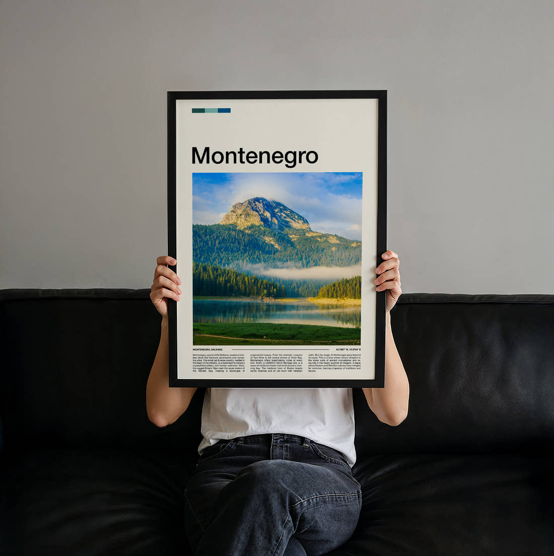 Montenegro Mountain Above The Lake Travel Print held up by hand to show the size of the print