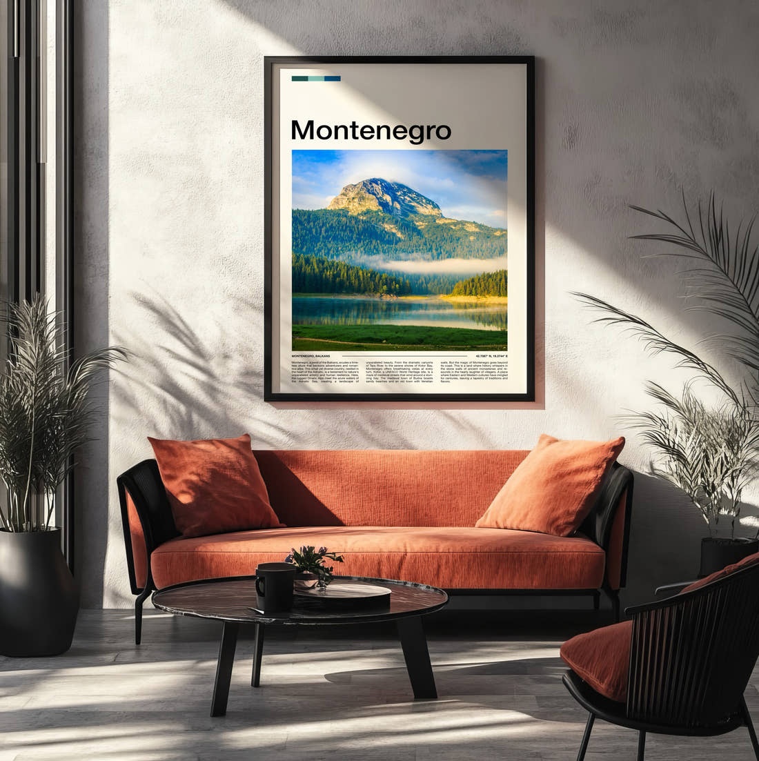 Montenegro Mountain Above The Lake Travel Print framed on the wall of a modern living room