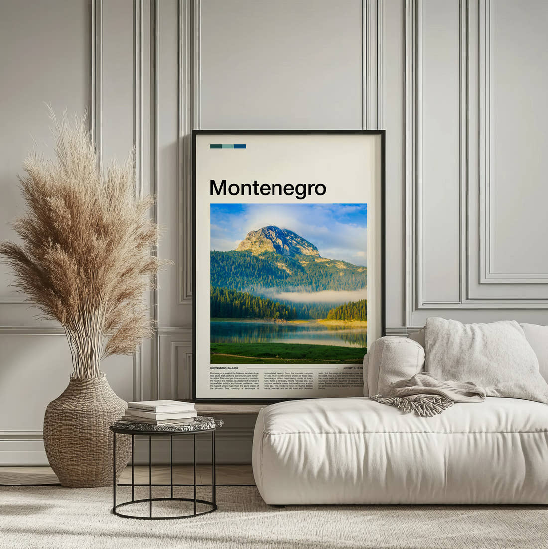 Montenegro Mountain Above The Lake Travel Print framed on the wall of a calm, neutral bedroom