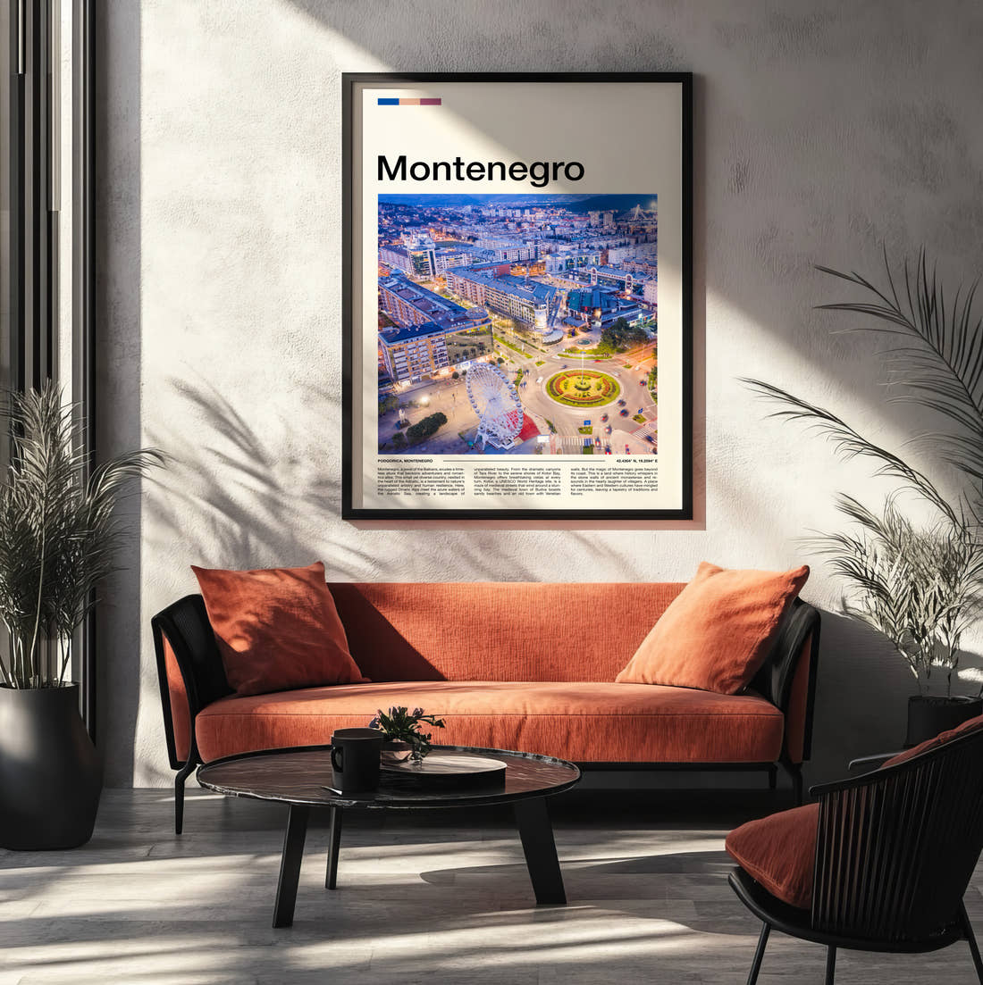 Montenegro Aerial City At Night Travel Print framed on the wall of a modern living room