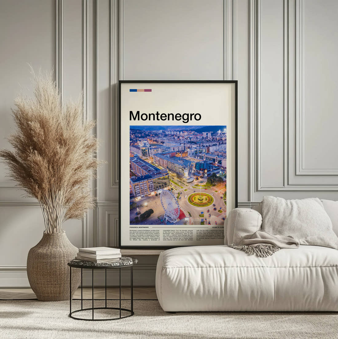 Montenegro Aerial City At Night Travel Print framed on the wall of a calm, neutral bedroom