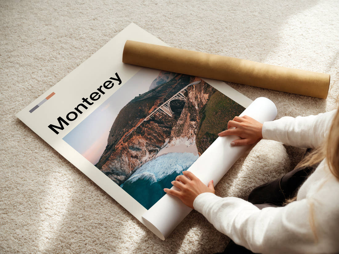 Monterey Bixby Creek Bridge Travel Print being unrolled from its postal tube
