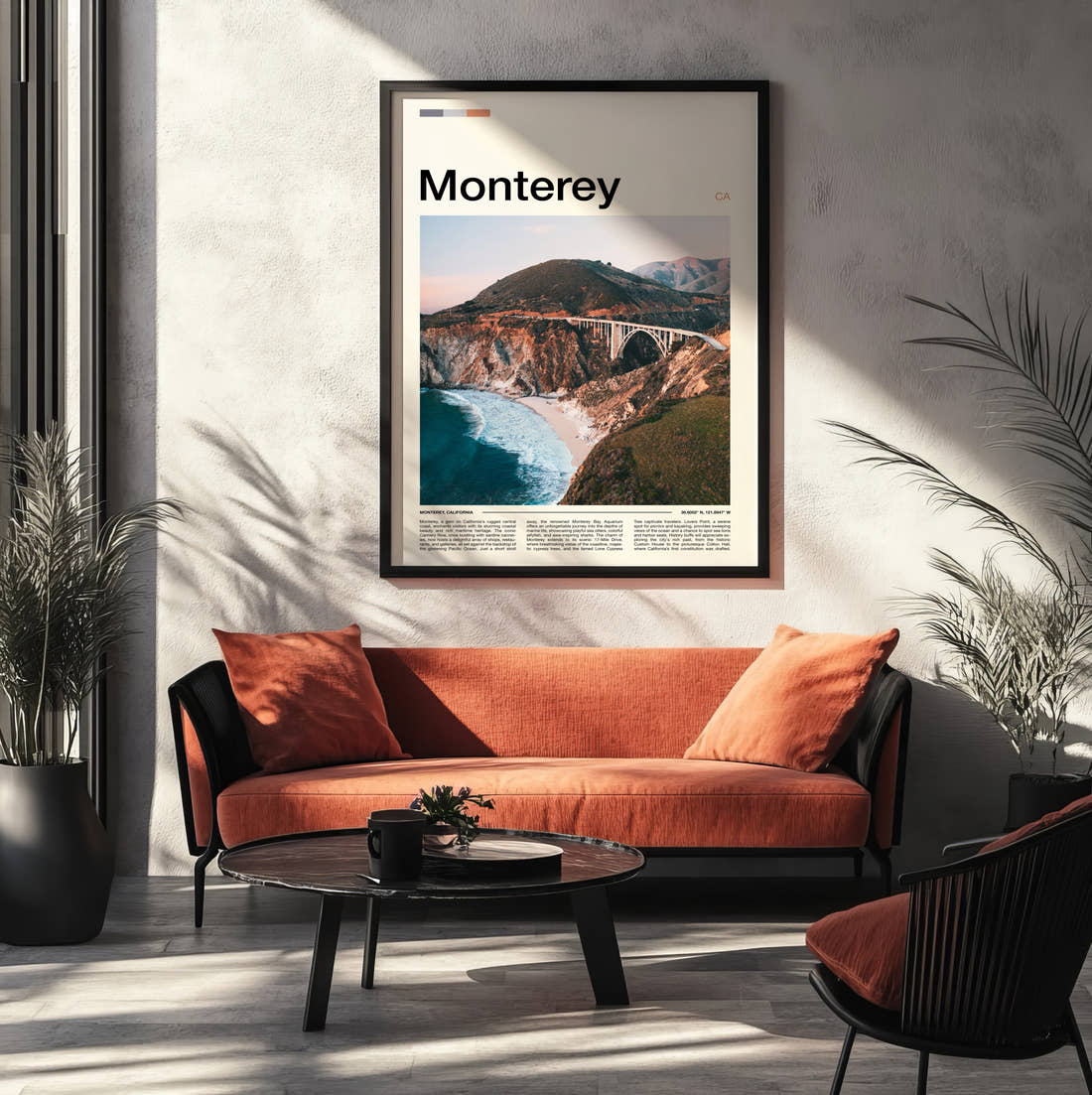Monterey Bixby Creek Bridge Travel Print framed on the wall of a modern living room