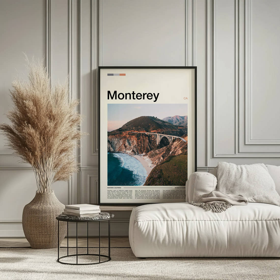 Monterey Bixby Creek Bridge Travel Print framed on the wall of a calm, neutral bedroom